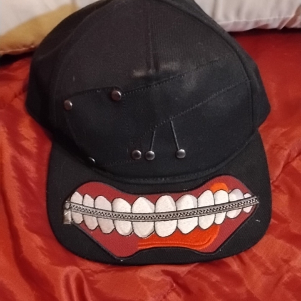 Tokyo Ghoul Kaneki Black Cap with Zipper Mouth Design and Anime Style Brim